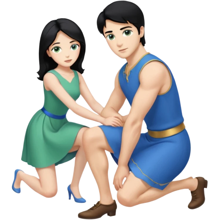 prince, upright, black Hair, blue eyes, blue garment,  Woman, blonde Hair, Green eyes, bending knee, sleveless White Dress, emoji