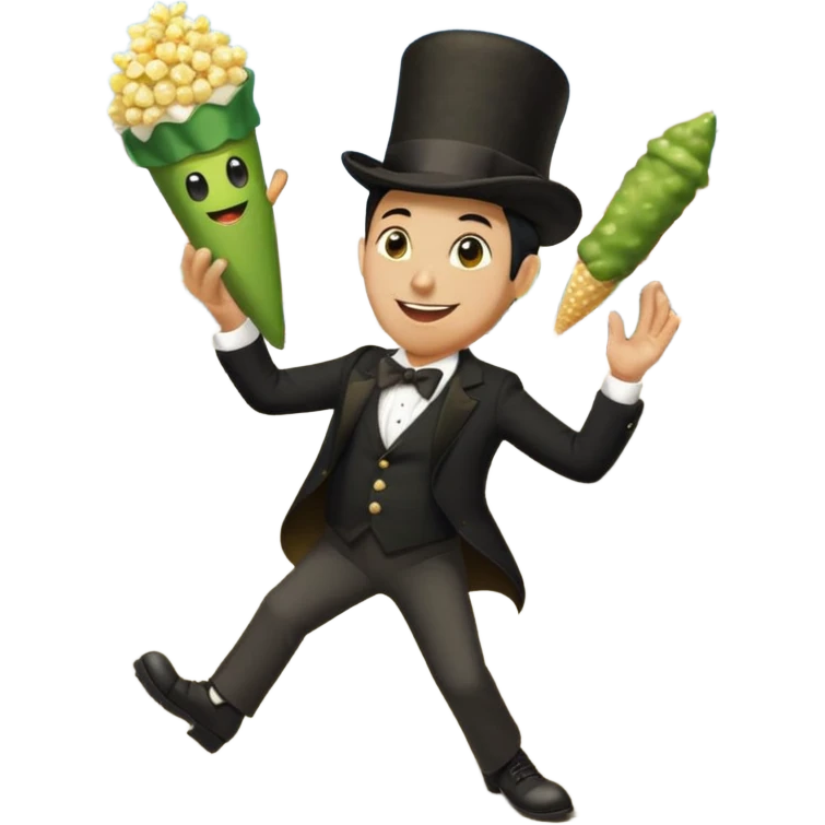 Popcorn cone traffic man dancing 3 legs 2 on the floor his 3rd arm is holding his 3rd leg and 1 pickle dipped in ranch on his black top hat emoji