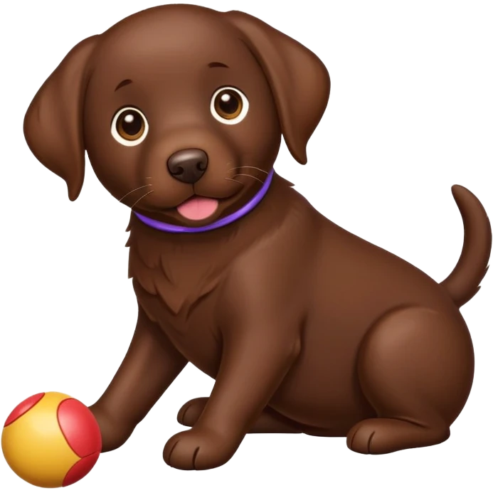 Chocolate Labrador plays with a toy emoji