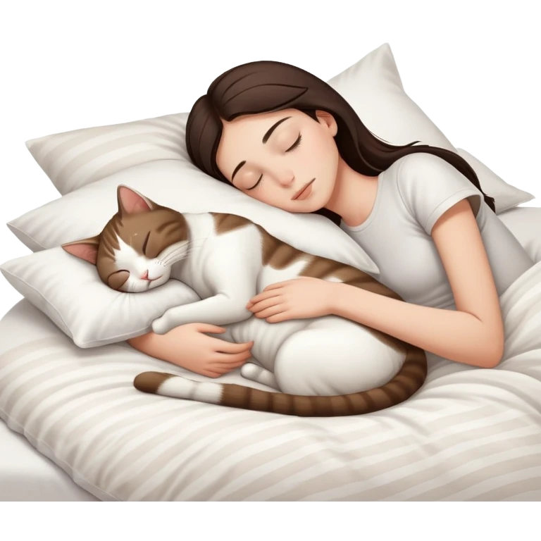 side view Brunette teenage girl sleeping with white cat that has beige stripes on a white pillow with white sheets emoji