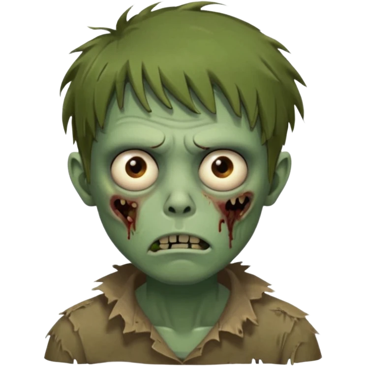 zombie slim youthful face, messy brown fringe, muted green skin tone, tired heavy-lidded eyes with visible under-eye darkness, a neutral slightly bored expression, and an overall low-energy, sleep-deprived, mentally fried vibe, emoji