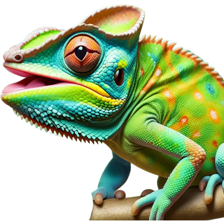 cinematic giant-tongue out chameleon-realistic emoji, mouth wide open with tongue out catching prey, -blending-with-vibrant-greenery.-detailed-scales-in-shifting-colors,-showing-the-chameleon’s-ability-to-camouflage.-soft-natural-light-highlights-its-texture.-light-background, zoomed into its face emoji