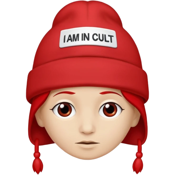 Red hat that says "I AM IN A CULT" in white text emoji