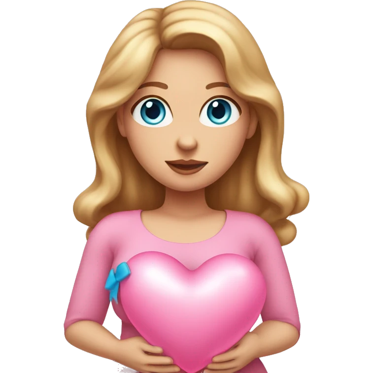 White pregnant lady, with Long Light Brown hair and blue eyes. She is wearing a tight pink dress and a bow,  standing and holding two pink heart balloons. emoji