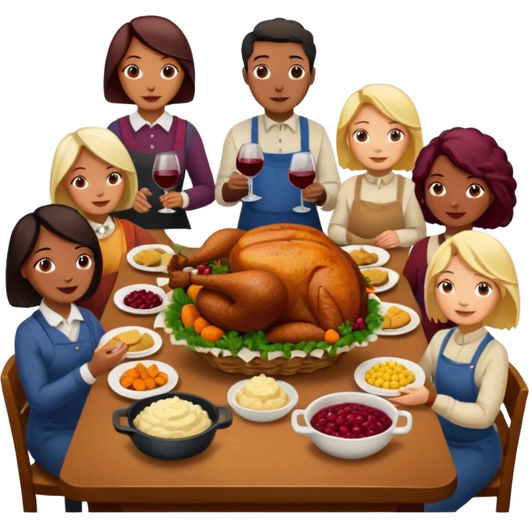 Thanksgiving Dinner with 10 people of different races around the table; have the food be a cooked turkey, mashed potatoes, corn, a basket of biscuits, a small bowl of cranberry sauce, baked yams, steamed vegetables, and a bottle of wine. emoji