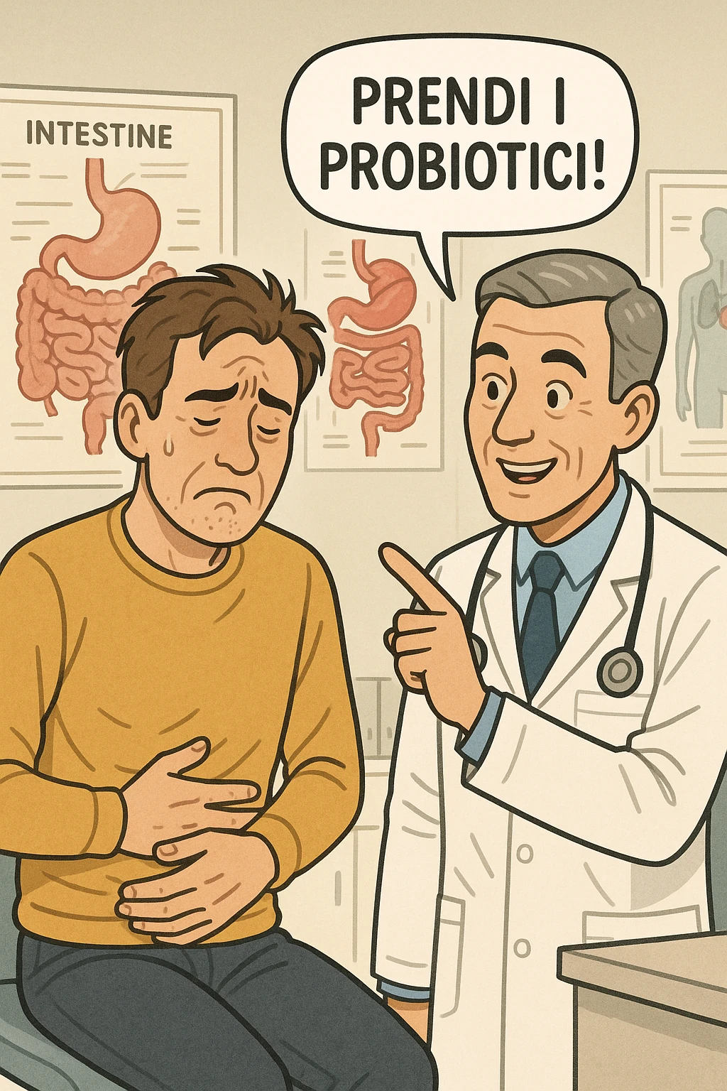 Uomo che ha disbiosi evidente e il dottore gli dice "Prendi i Probiotici!" emoji