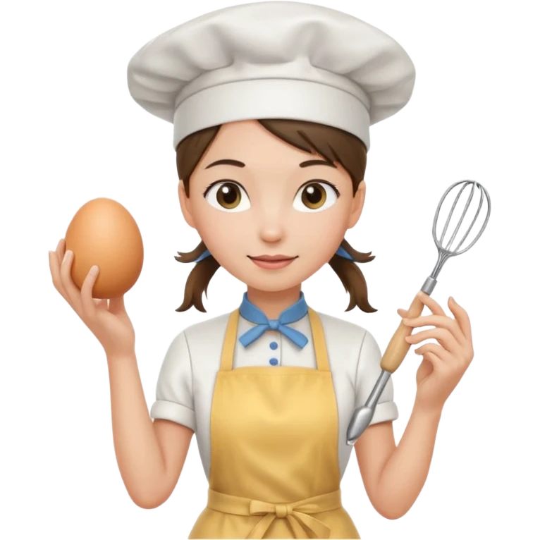 Young female pastry chef - ponytail, apron, wearing a white hat, holding an egg beater in her right hand
 emoji