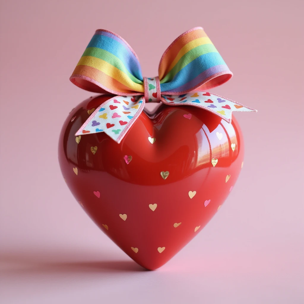 realistic heart with a rainbow bow decorated with heart pattern on the bow, photorealistic style emoji
