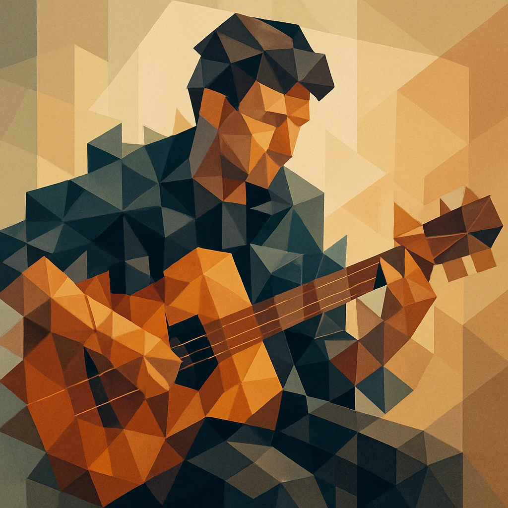 Musician playing a guitar with limbs and strings fractured into overlapping cubes and triangles. emoji
