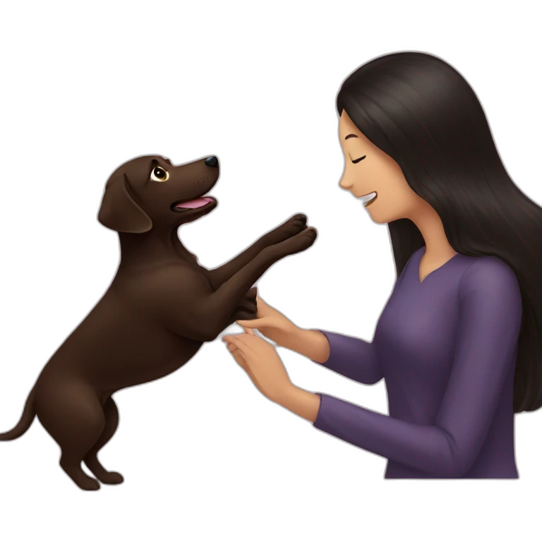 Chocolate labrador playing with woman long black hair emoji