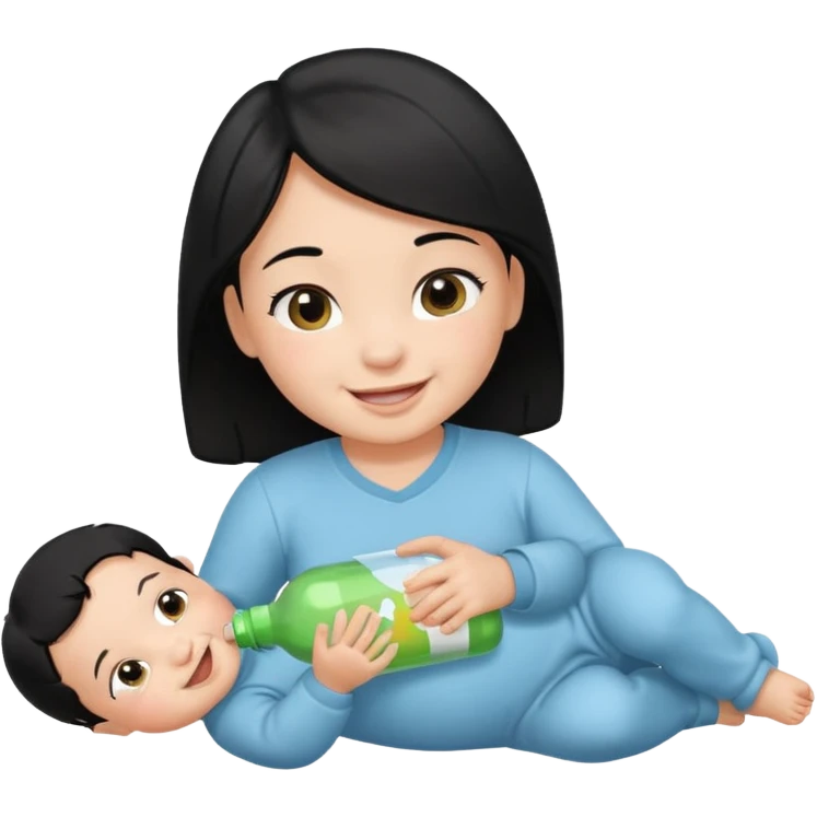 A baby with black hair holding a bottle while laying down emoji