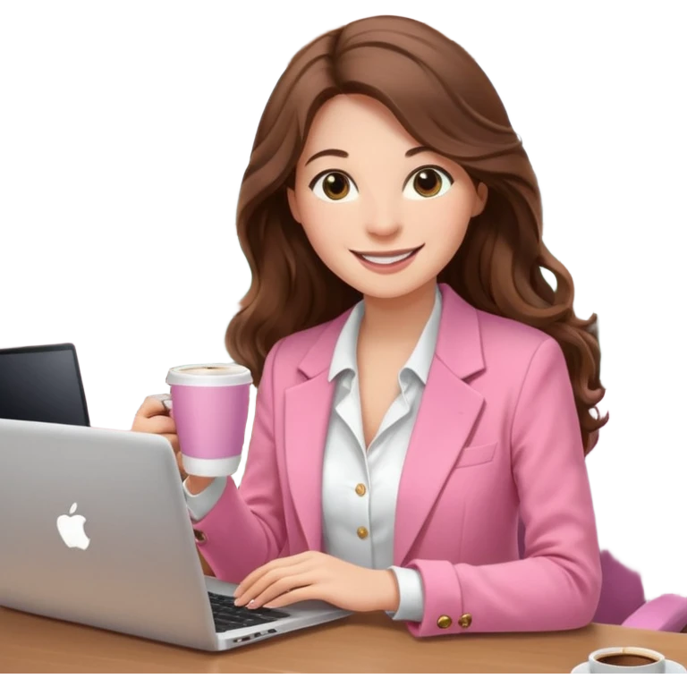 smiling woman with long wavy brown hair, pink blazer, white top, holding coffee and working on laptop — cozy home office background emoji