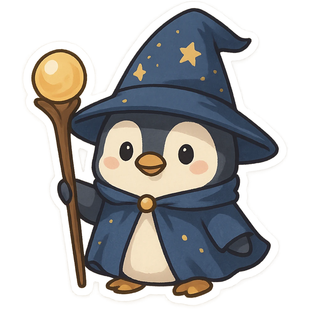 a penguin dressed as a wizard, with a pointy hat and a magic staff, in a fun and whimsical style emoji