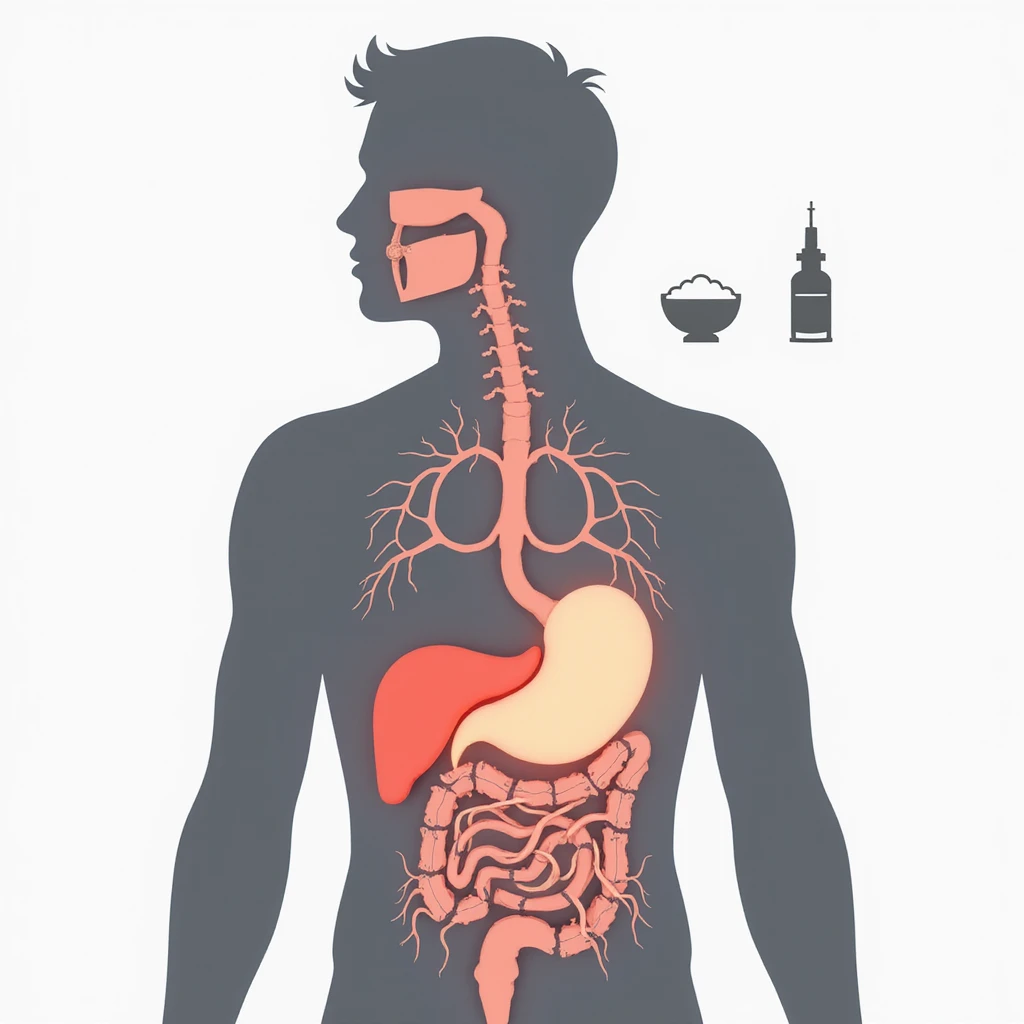 realistic illustration of a silhouette of a person with highlighted areas on pancreas and blood vessels, symbols of sugar and insulin, Italian text 'Diabete di tipo 2: attenzione alla salute', 4K quality emoji