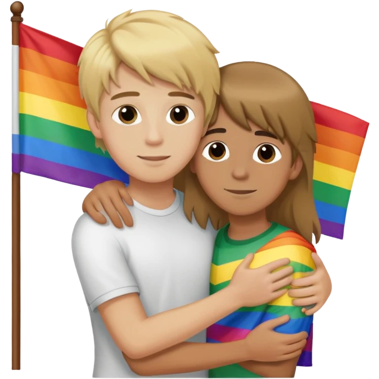 un garçon blond cheveux long qui embrasse un garçon brun cheveux long avec un drapeau lgbt emoji