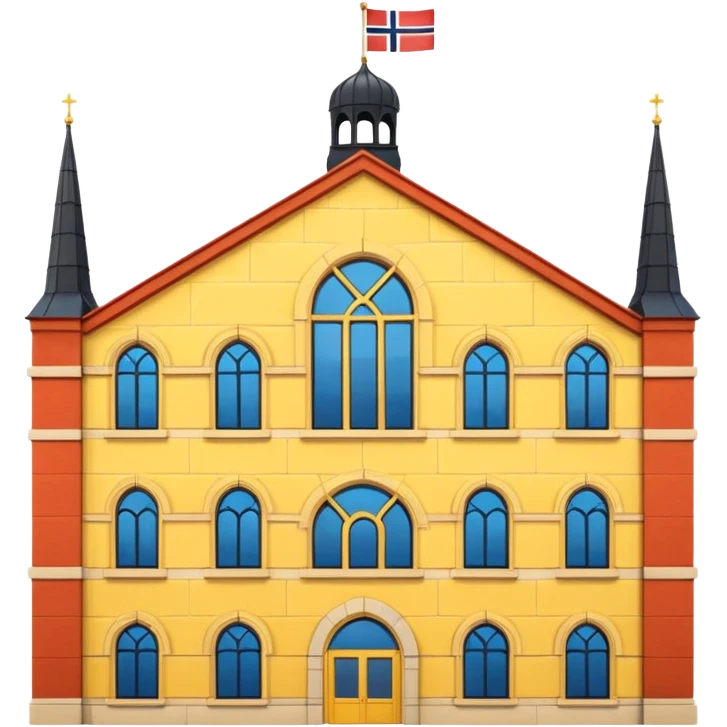 Norwegian Parliament building Stortinget, cartoonish, yellow brickwork, arched windows, Norwegian flag on top, emoji style emoji