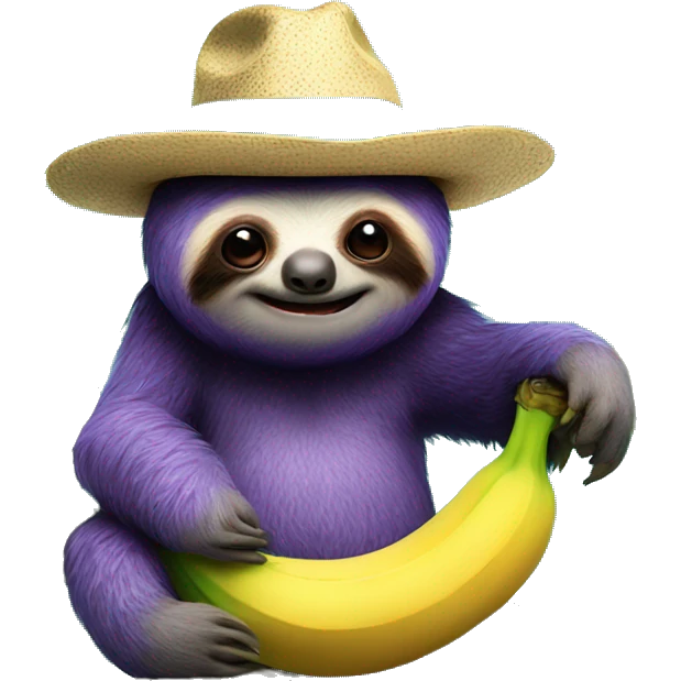 Purple sloth sitting on a banana tree wearing a bowler hat that is turquoise with an evil smile  emoji