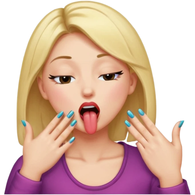 hyped up girl biting down on her tongue eyes closed hands closed with nails thumb sticking out, blushing and has eyelashes emoji