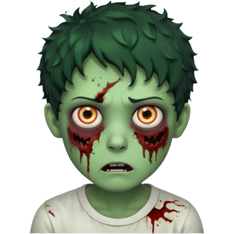 zombie character with green skin, messy short curly black hair, and no glasses. Give him large expressive eyes, a slightly frightened or eerie expression, subtle wounds, dark under-eye shadows, and a few cracks or dried blood marks on the face.  white shirt and no bleeding eyes **BLACK HAIR** emoji