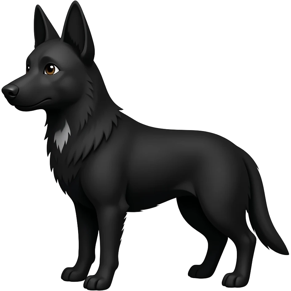 A narrow, pointed head with pointed, erect ears, long black hair and a white Little patch on the front of the neck. Similar to a black German Shepherd Completly black hairhair emoji