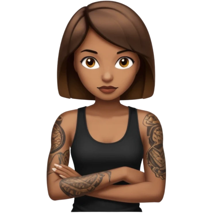 Femme brune yeux marron avec une coupe carré noir qui descend sur l'épaule , femme couleur de peau typé, avec un cobra a côté , débardeur noir , avec un tatouage sur le bras droit emoji