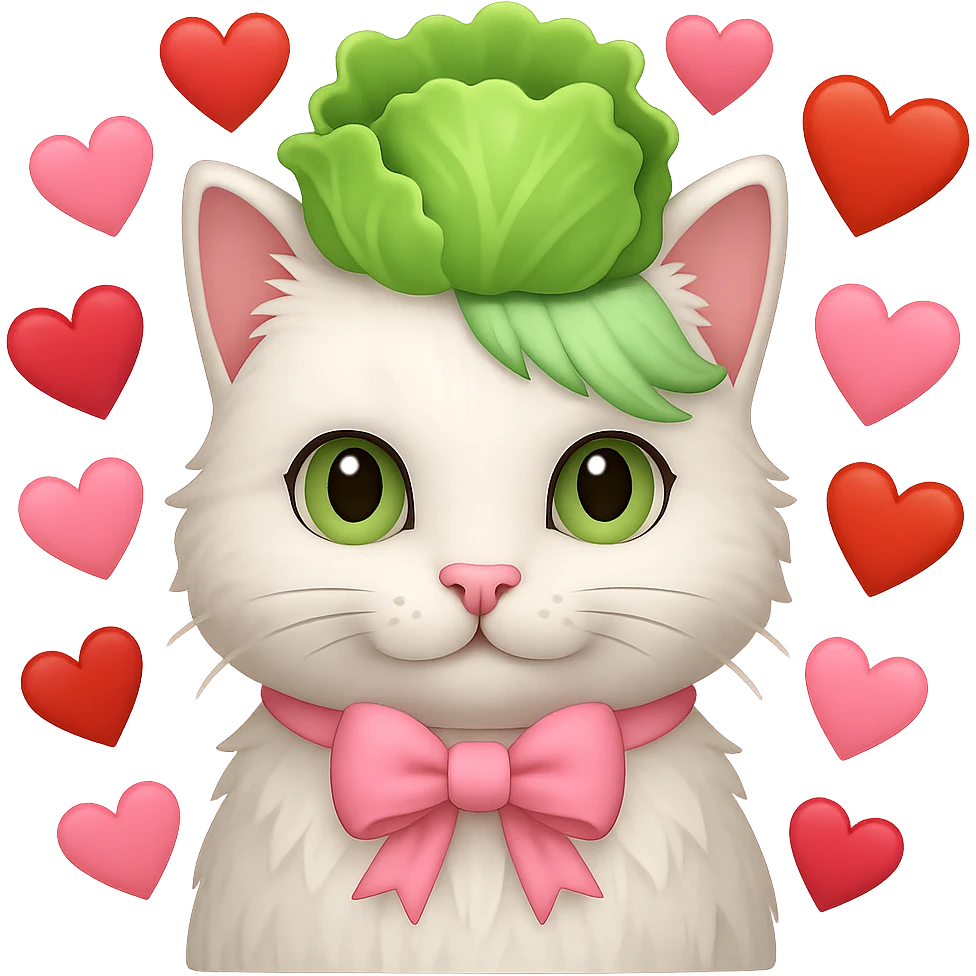 Add hearts around a white cat with a pink bow and a green lettuce crown in emoji style, no background. emoji