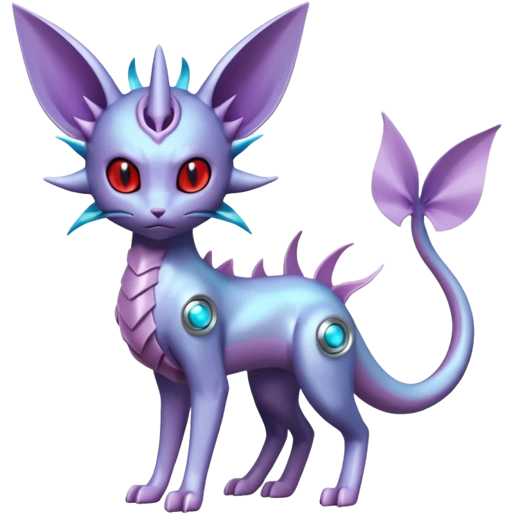 Mechanical Miraidon-Espeon-Mewtwo-Vaporeon-Fakémon-hybrid-creature (full body)  with red eyes and intricate markings emoji