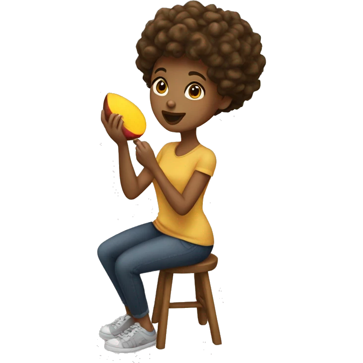 A brown girl with curly short hair eating mango  emoji