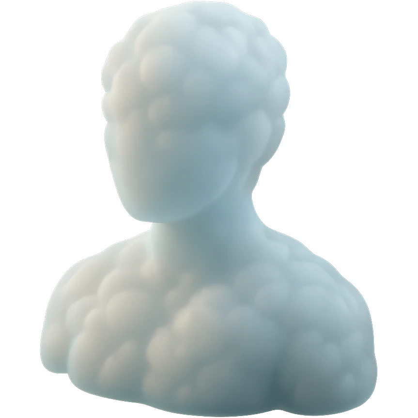 person made entirely of pure white puffy clouds, shoulders up, front view, matte glass style emoji