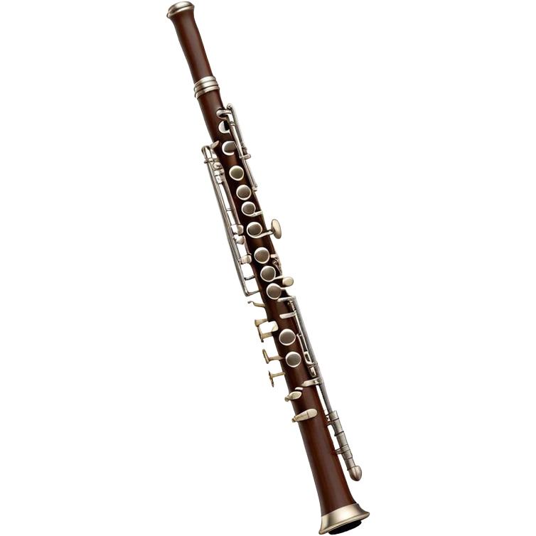 Cinematic Realistic Oboe, slender and elegant dark wood body, silver-plated keys catching soft highlights, delicate reed resting at the top, glowing with refined and classical beauty. emoji