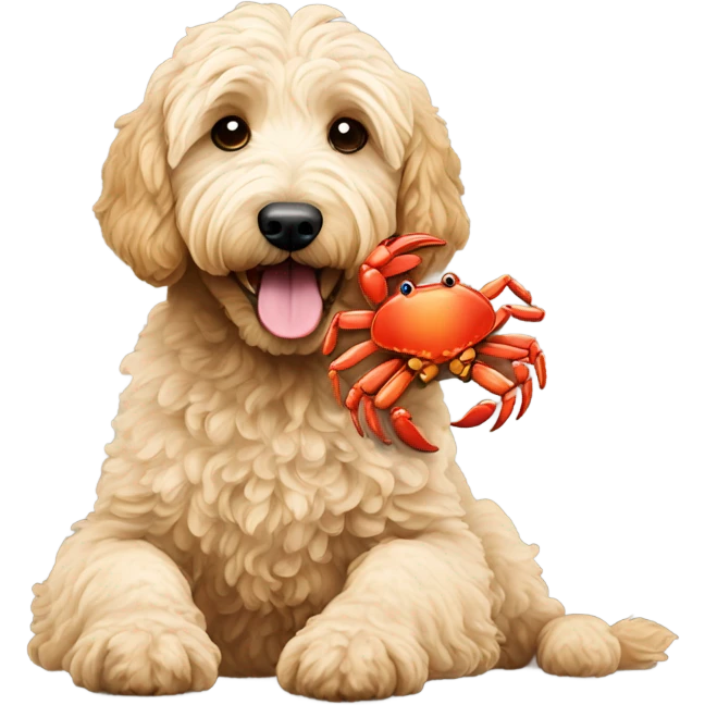 Goldendoodle with crab toy in mouth emoji