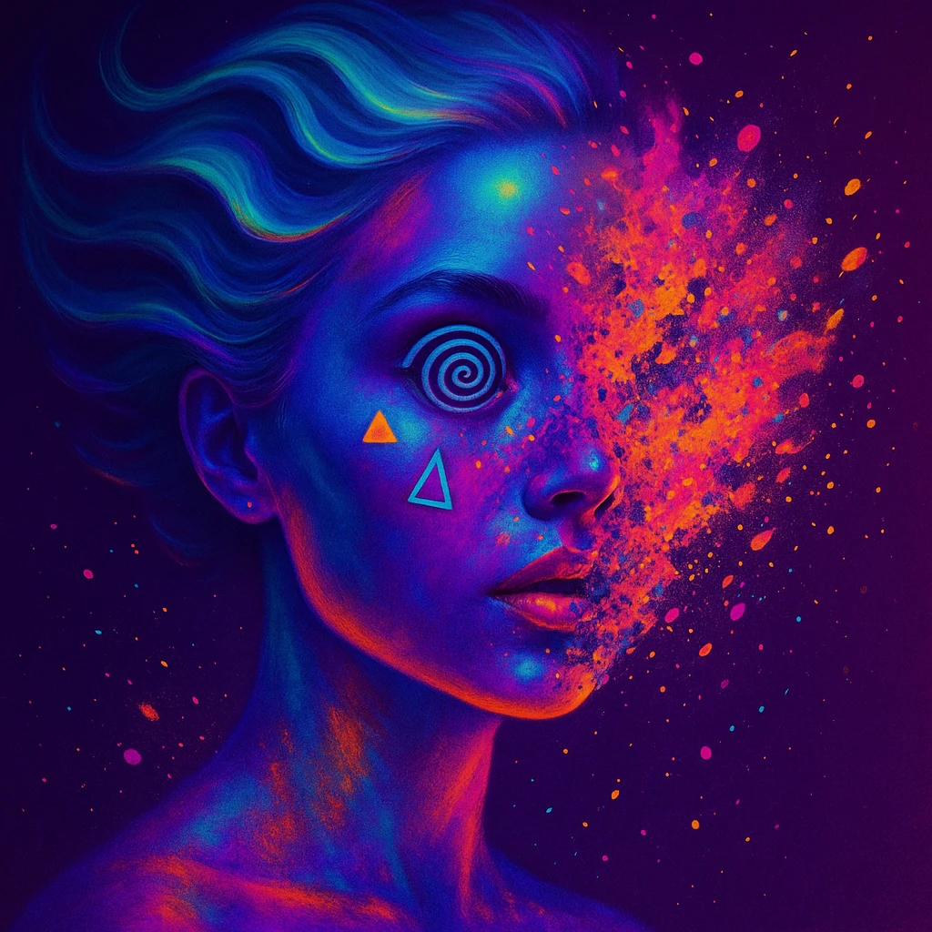 surreal neon portrait, skin in vibrant palette, face partially dissolving in colorful explosion, airbrush technique, hair as swirling liquid streams like northern lights, spiral eyes, geometric elements on face, paint particles flying, acid purple, turquoise, electric pink, sense of transformation emoji