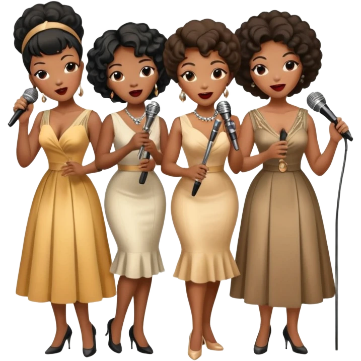 a band of Black female jazz singers in vintage dresses, holding microphones, singing together emoji