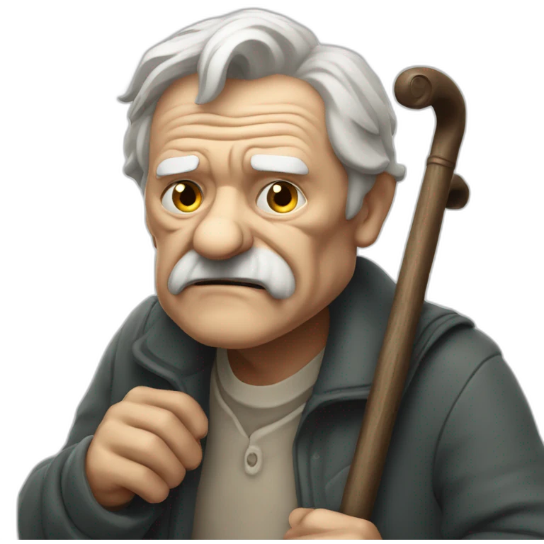Old man leaning on a walking cane and holding his crancky back with his hand, grumpy face, detailed emoji