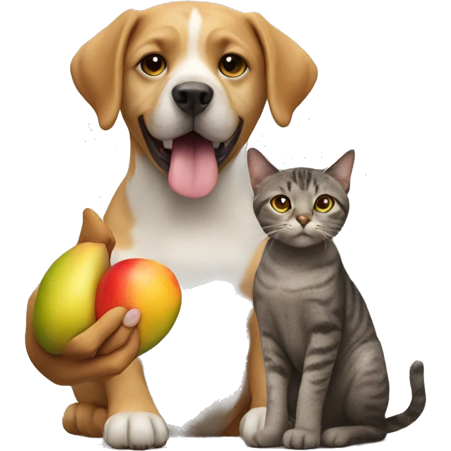 A dog holding a grape and a cat holding a mango emoji