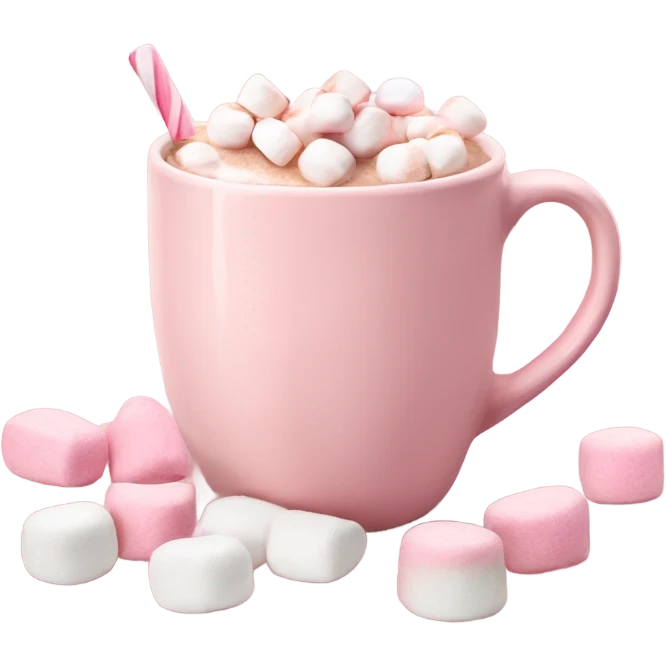 light pink mug of hot chocolate with pink and white mini marshmallows  emoji