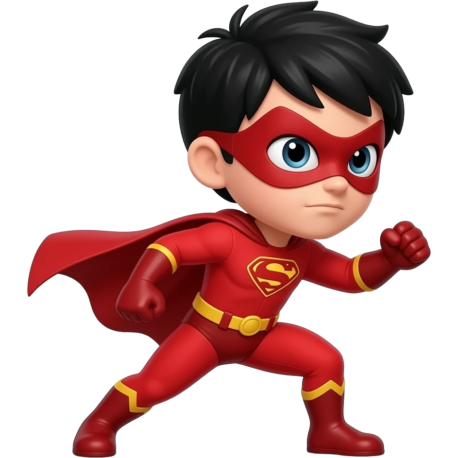 quiero que me hagas a un superheroe con el pelo negro mascara roja i con un traje rojo que sea un niño peleando mirando para la derecha emoji