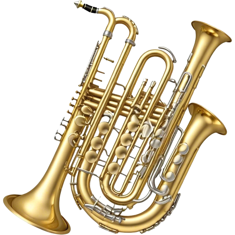 Create a complex, festive, and professional emblem-like emoji representing wind instruments. The design should resemble a heraldic crest, featuring iconic brass and woodwind instruments such as a trumpet, saxophone, clarinet, flute, trombone, and tuba, symmetrically arranged in a balanced composition. A flowing ribbon of musical notes should elegantly weave around the instruments, intertwining with their curves, bells, and mouthpieces, creating a dynamic and harmonious effect. The instruments should have rich metallic tones—gold for brass and silver for woodwinds—with polished highlights and intricate details on the keys and valves. Decorative elements such as elegant scrollwork, laurels, or subtle engravings should enhance the grandeur of the design, making it look celebratory and prestigious. The overall composition should be visually complete, refined, and suitable as a standalone emblem. The background should be transparent. emoji