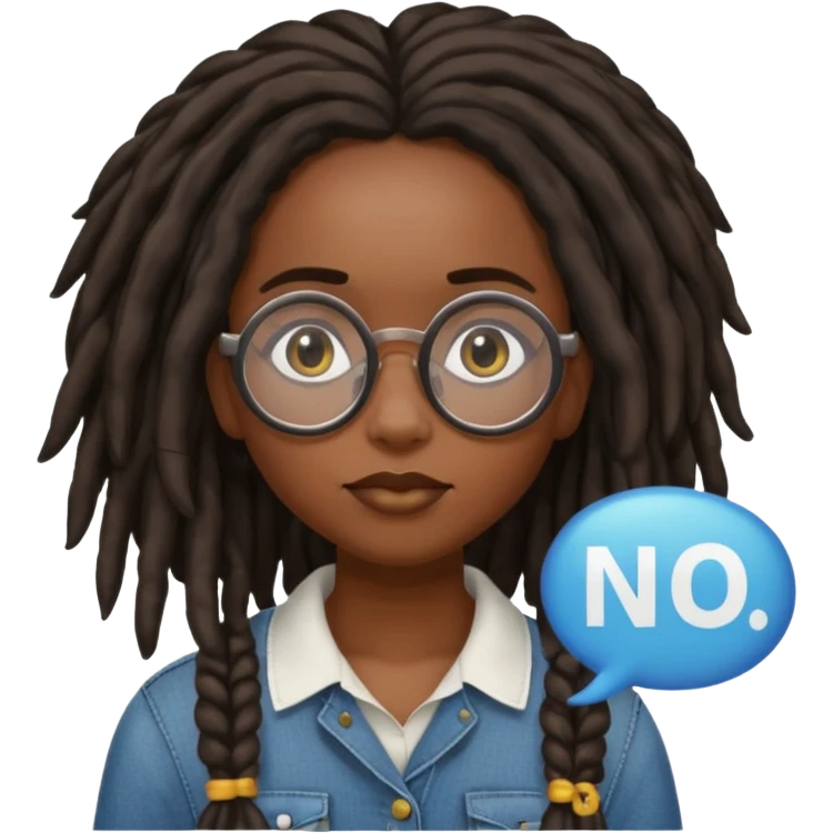 darker skin female with dark dreadlock hair wearing large round glasses with a word bubble that says no emoji