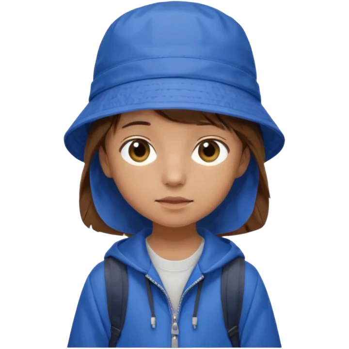 Little student, brown hair, wears blue bucket hat and jacket, backpack, shy emoji