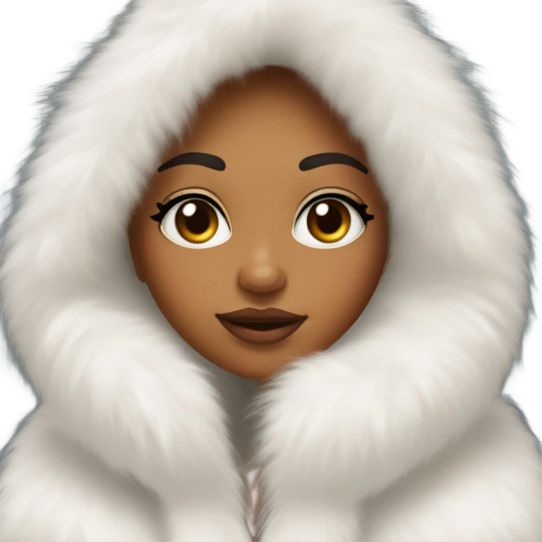 Tanned Girl with lashes ,  in an extremely big fluffy oversized white fur coat with hood on. The fur is real and it’s very obvious big and fluffy like in Pinterest  emoji
