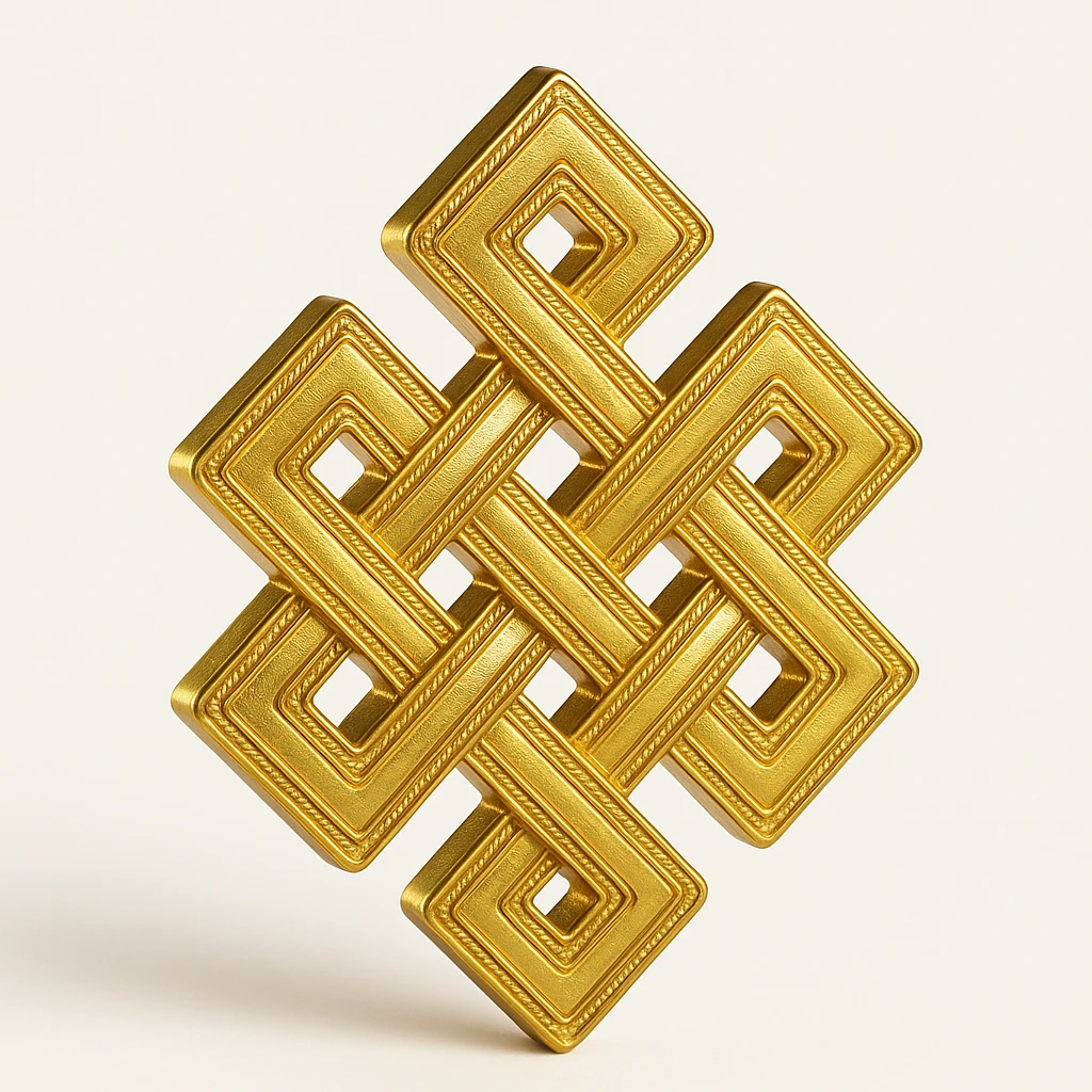 Create an icon-like karma symbol featuring an endless knot with intricate interwoven lines. The design should evoke spirituality and balance, rendered in a gold style with metallic shine. The background should be transparent or none, focusing on the symbol itself. emoji