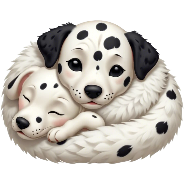 Meme-Worthy Cute Sleeping Spotted Dalmatian Portrait Emoji, Head resting peacefully with a contented smile, showcasing a delightfully majestic build and a luxuriously soft Fur of predominantly white with bold black patches, eyes shut in a serene nap, Simplified yet hilariously adorable features, highly detailed, glowing with a soft, drowsy light, high shine, relaxed and utterly lovable, stylized with an air of playful laziness, bright and heartwarming, soft glowing outline, capturing the essence of a comically sleepy guardian, so meme-worthy it feels like it could instantly become the next viral sensation of adorable slumber! emoji