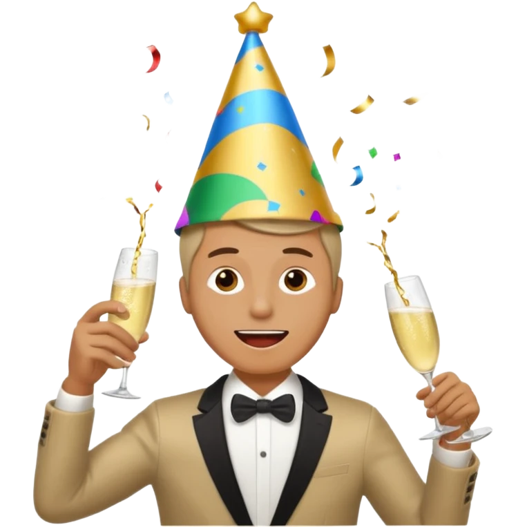 An energetic man throws his head back, drinking champagne loudly as the New Year begins. emoji