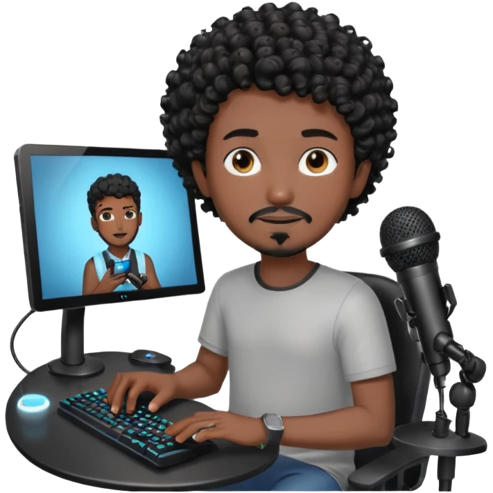a setup of a youtuber his blach curly short hair, a thin goatee, with a desktop pc on a table, a gaming chair, microphone, ring light emoji