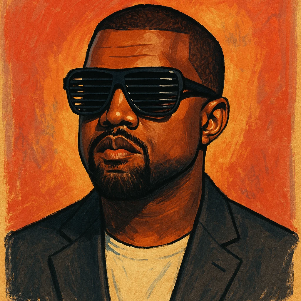 stylized portrait of Kanye West, iconic sunglasses, confident expression emoji