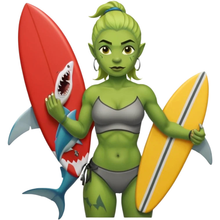 orc female holds a little surfboard with a shark painted vertically in his hands emoji