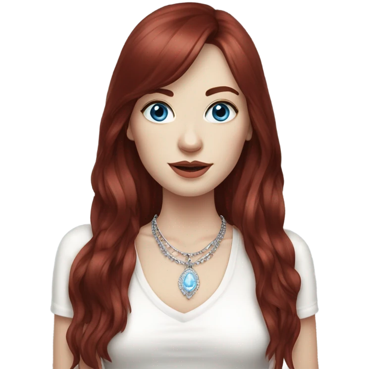 woman with pale skin, blue eyes and long dark red hair with layers and fringe bangs, wearing a white top and silver jewellery emoji