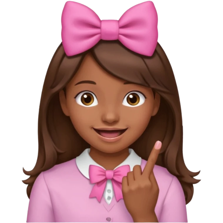Chica con pelo marron sonriendo con un lazo rosa en la cabeza y mordiendose la punta del dedo indice con delicadeza y la otra mano que no salga en el emoji emoji