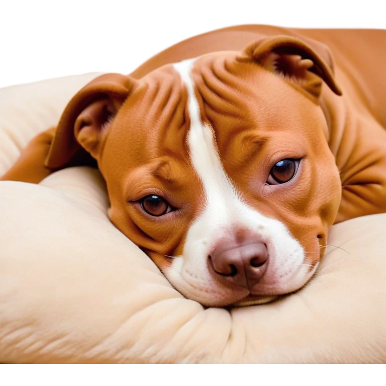 Meme-Worthy Cute Sleeping Red/Fawn Staffordshire Bull Terrier Portrait Emoji, Head resting peacefully with a contented smile, showcasing a delightfully compact build and a luxuriously soft red/fawn Fur with subtle white highlights, eyes shut in a serene nap, Simplified yet hilariously adorable features, highly detailed, glowing with a soft, drowsy light, high shine, relaxed and utterly lovable, stylized with an air of playful laziness, bright and heartwarming, soft glowing outline, capturing the essence of a comically sleepy guardian, so meme-worthy it feels like it could instantly become the next viral sensation of adorable slumber! emoji